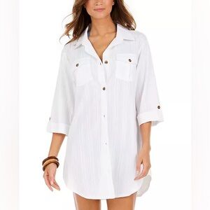 Dotti Travel Muse White Cotton Button-up Shirtdress Beach Cover-Up Medium